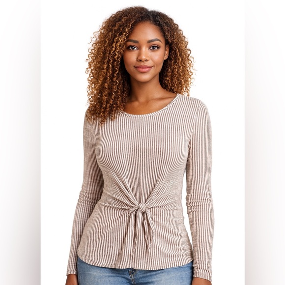 Caution To The Wind Tops - Caution to the wind striped tie waist peplum long sleeve top